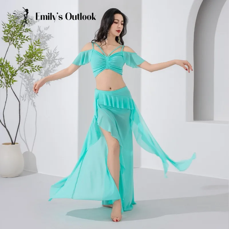 Women Light Belly Dance Costume Set Off Shoulder Crop Top & Ruffle High Split Long Skirt 2pcs Outfit For Practice Photoshoot view 3
