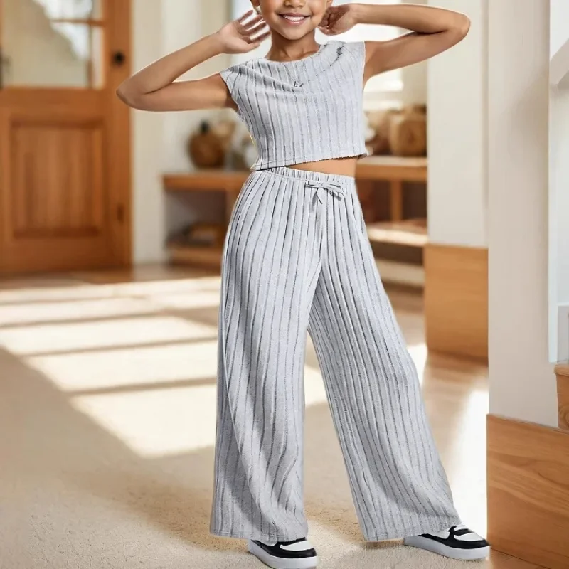 

New 2025 Summer Girls Clothing Sets Baby Girl Solid Sleeveless Rib Crop Tops + Loose Wide-leg Trousers Children Casual Clothes