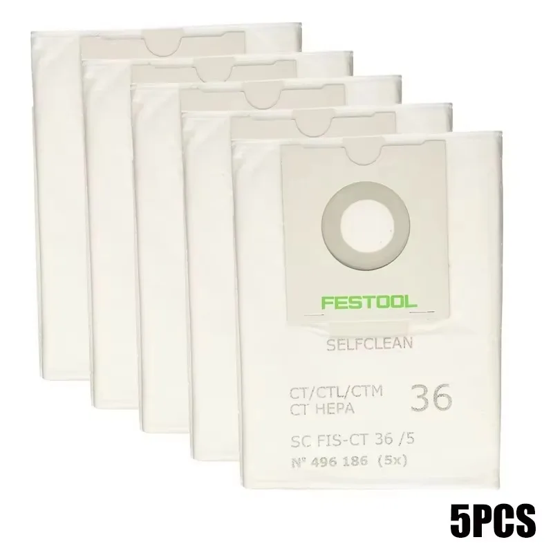Festool 496186 SELFCLEAN SC FIS-CT 36/5 Filter Bag, 5-Pack Reusable Vacuum Dust Bag with Zip for CT/CTL Series