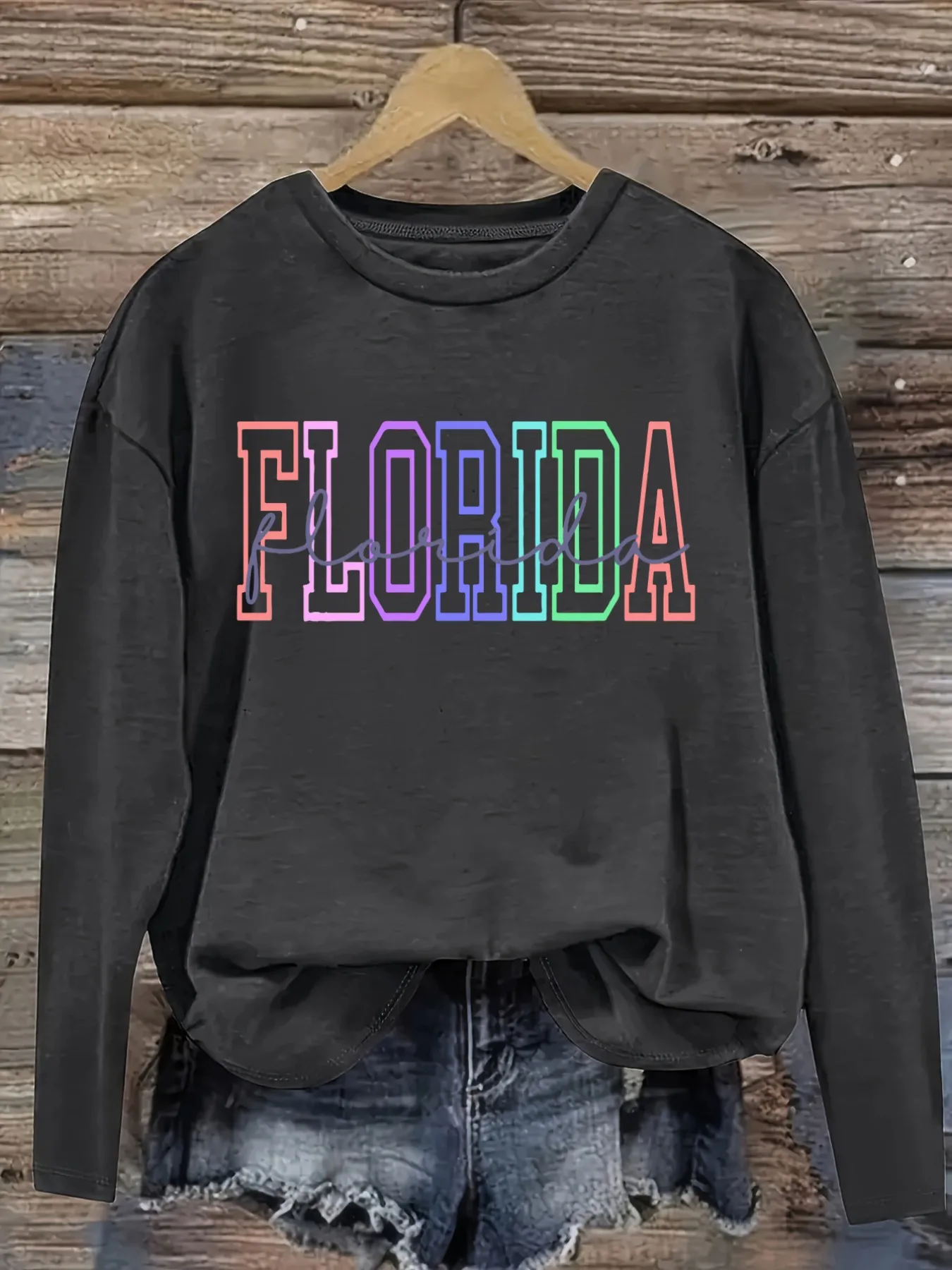 Women's Casual Long Sleeve Crew Neck T-Shirt Florida Rainbow Outline Script Print Design, Round Neck Women's Clothing, Machine Washable, Slightly Elastic, Loose Fit, Spring Autumn Winter Women's T-Shirt, Halloween Costume Outfit