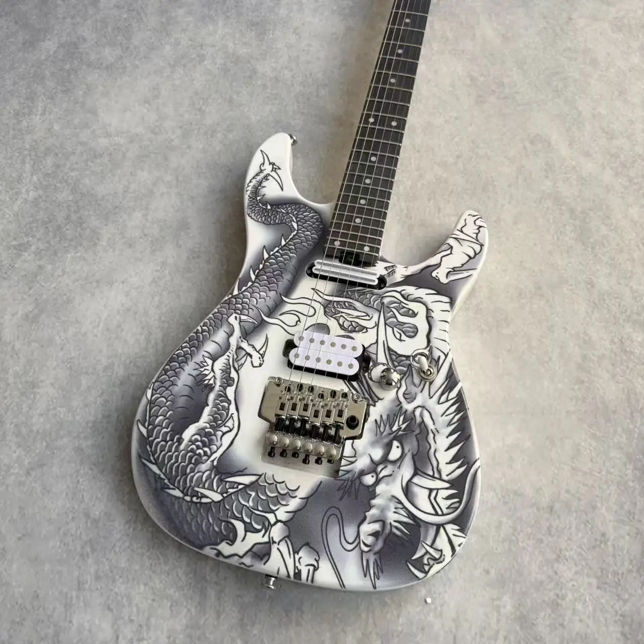 Solid Body Electric Guitar with Hand Drawn Dragon Pattern Finish, Double Locking Floating Tremolo Bridge, Two Humbucker Pickups