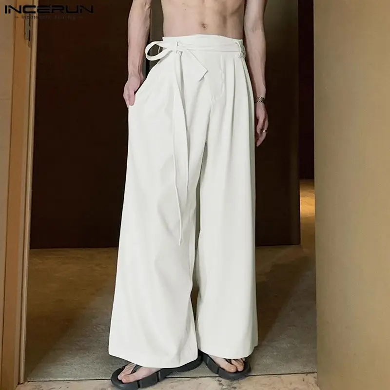 INCERUN Men Pants Solid Color Button Joggers Loose Casual Wide Leg Straight Trousers Men With Belt Streetwear 2024 Lace Up Pants