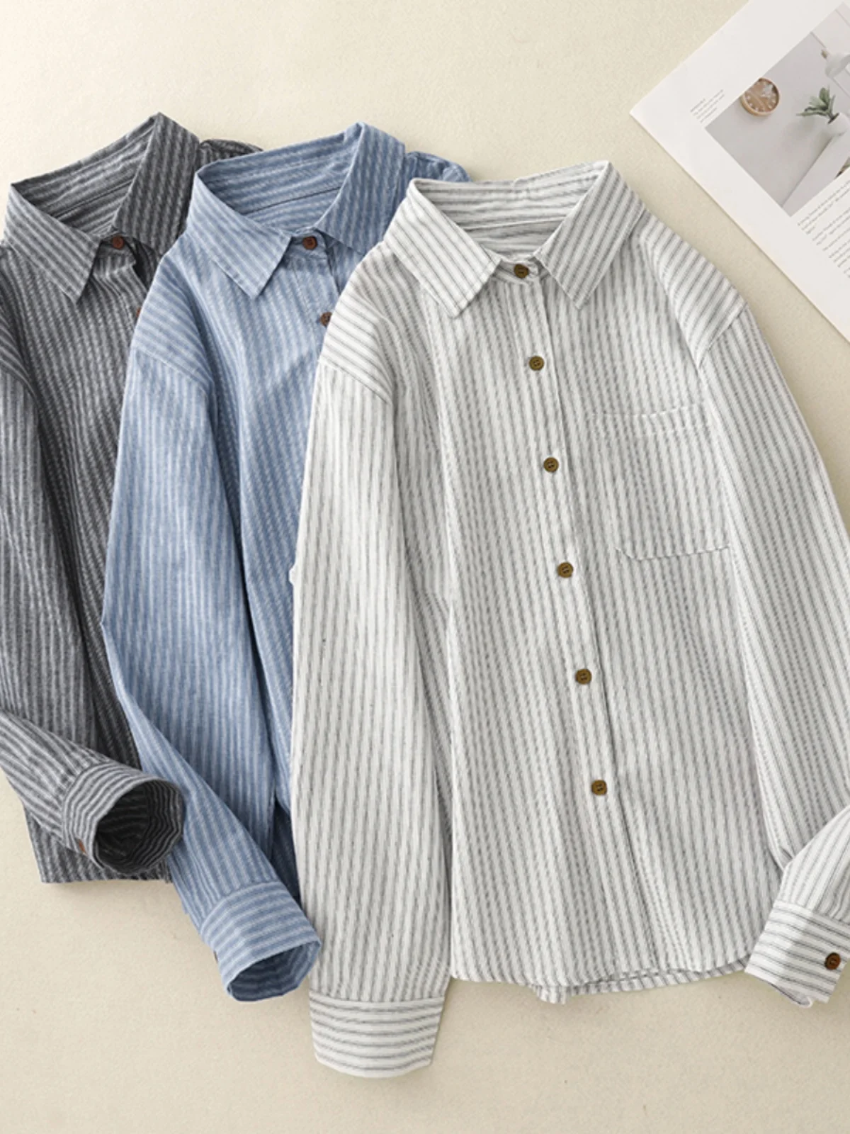 

Повседневный хлопковый полосатый женский топ свободного покроя с отложным воротником, длинный топ све, удобный универсальный весенний модный внутренний костюм