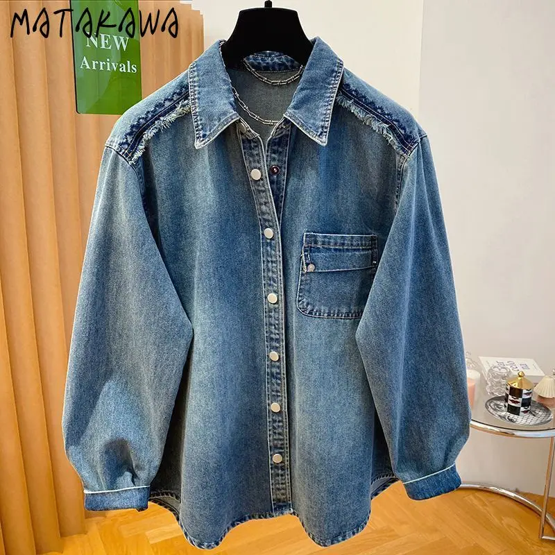 

Matakawa Dark Blue Denim Blouses Spring Autumn Solid Loose Retro Women Shirts Korean Fashion Casual Long Sleeve Blusas Mujer