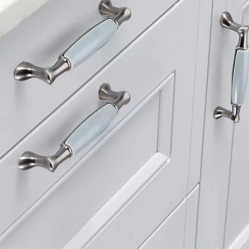 Blue-gray Ceramic Antique Kitchen Drawer Handles Vintage Handles Knobs and Pulls for Cabinets Metal Furniture Hardware