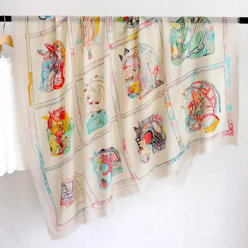 High-end Elegant Women Fine Steed Prism Print Quality Luxury Water Soluble Wool Handmade Fringe Warm Soft Large Scarf Shawl