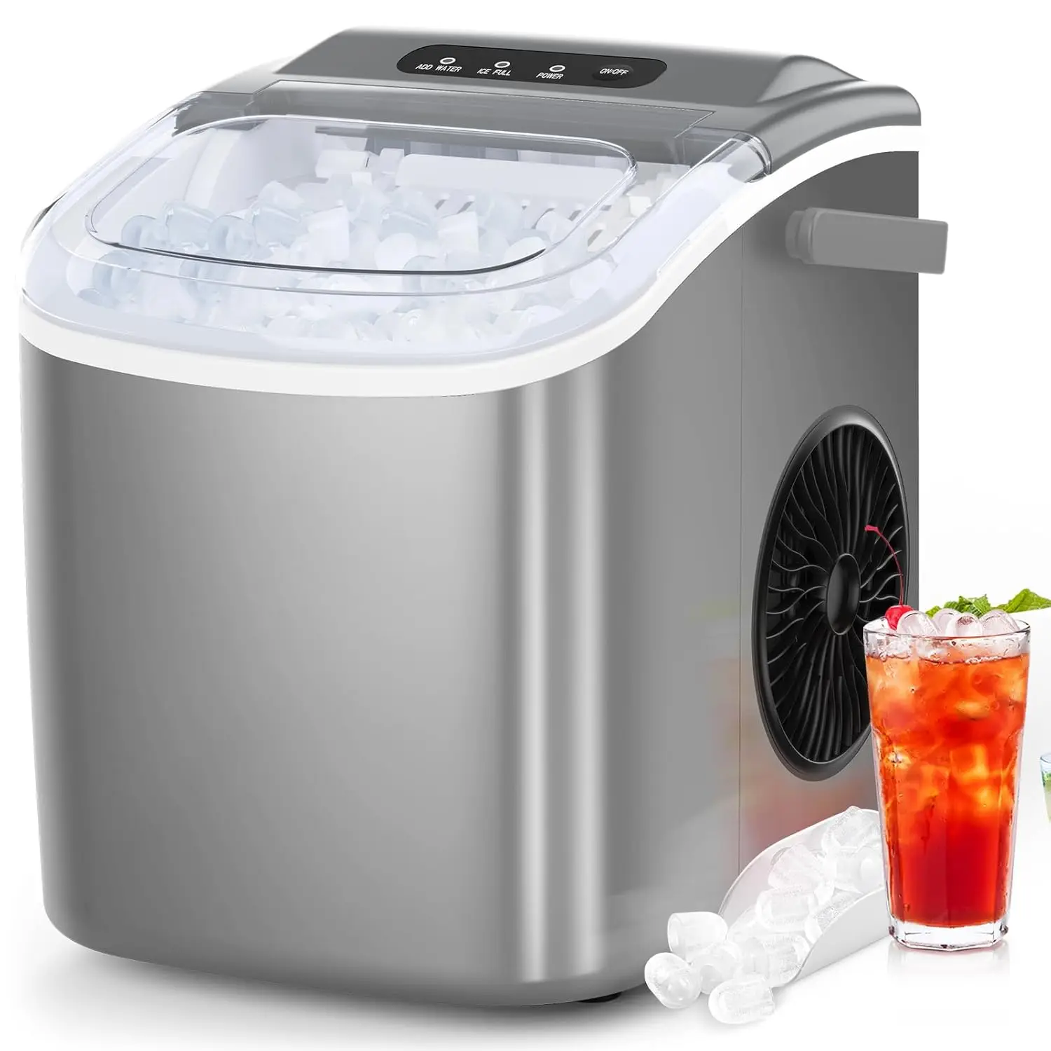 

Ice Maker Countertop, Portable Machine with Self-Cleaning, 26.5lbs/24Hrs, 9 Bullet Cubes in 6 Mins, Ice Basket and Scoop