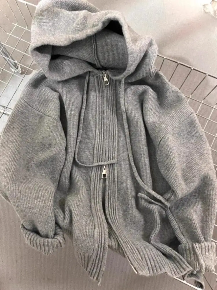 

Autumn and Winter Grey Hooded Loose Women Sweater Jacket Korean Fashion Thick Knitted Double Zipper Women's Knitted Cardigan