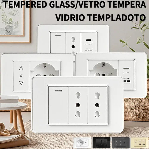 ​ ​ Toma de pared de carga rápida tipo C de 118x75 mm Toma Schuko de Italia y Chile - Panel de vidrio templado Diseño moderno ​   -Tipo interruptor