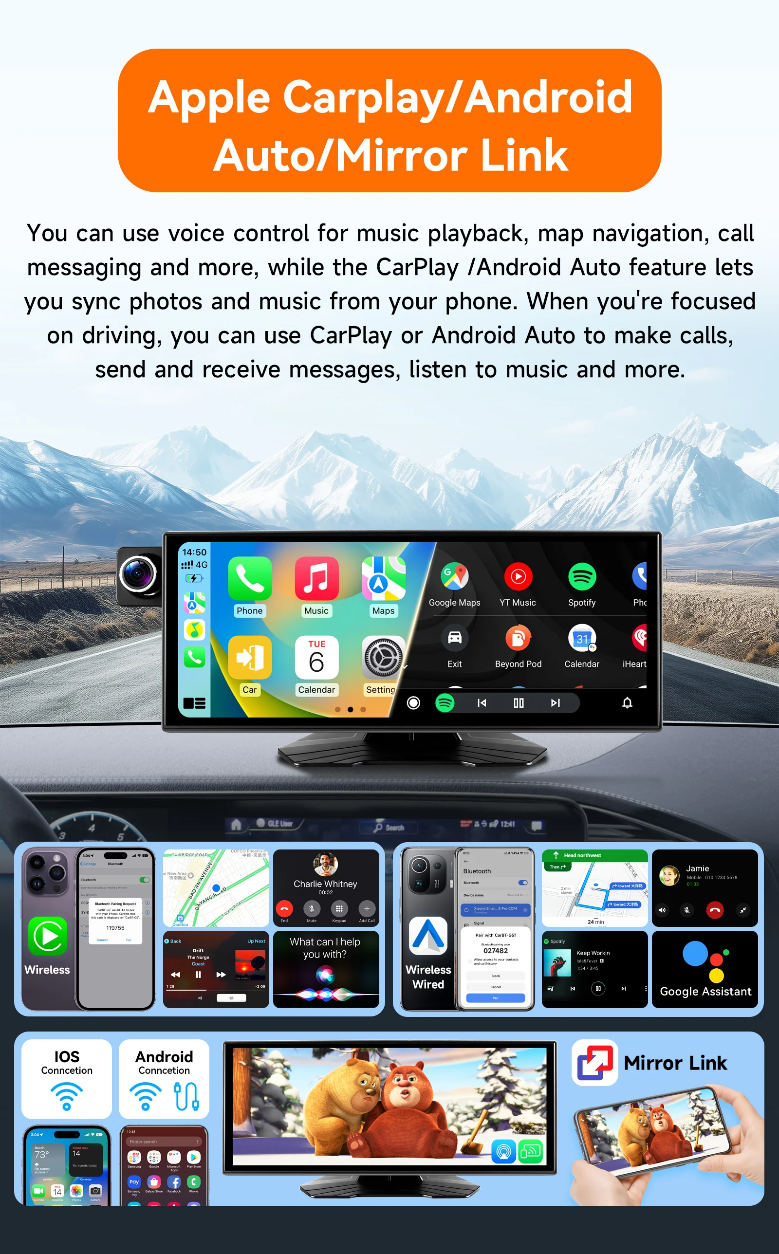 Hizpo 11,4" HD Tragbarer Autoradio Universal Android 14, Auto-Multimedia-GPS-Player, kabellos, Apple Carplay, Android Auto, Bluetooth – Detail 3