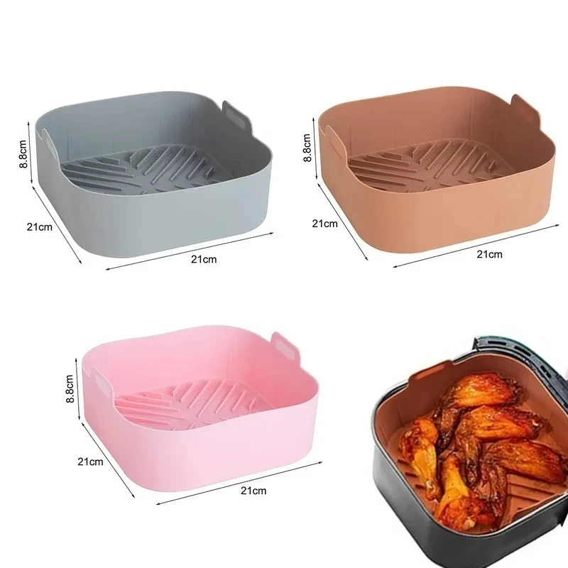 21CM Silicone Air Fryer Pot Tray BBQ Barbecue Pad Plate Airfryer Oven Baking Mold Pot Food Safe Reusable Square Air Fryer Pan