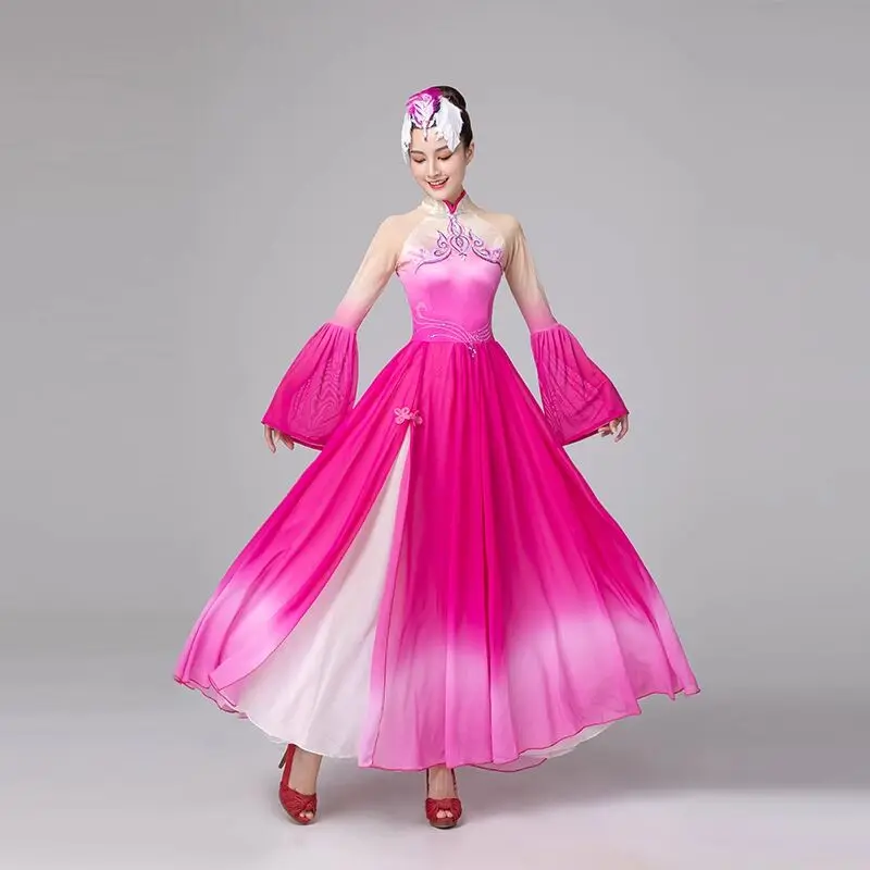 Pink Dress Flower Dance For Women Wedding Dance Performance Long Sleeve Classic Dress Styles In Fashion With Headwear