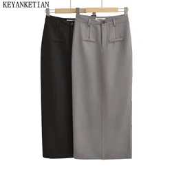 KEYANKETIAN Autumn New Women's Side Split Skirt Zip-up High Waist Solid Office Lady Straight Ankle MIDI Skirt Solid