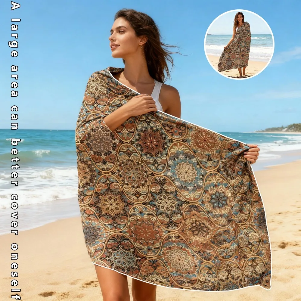 Vintage Boho Mandala Beach Towel Patterned Sunscreen And Windproof Suitable For Swimming Pool Camping Travel Blanket
