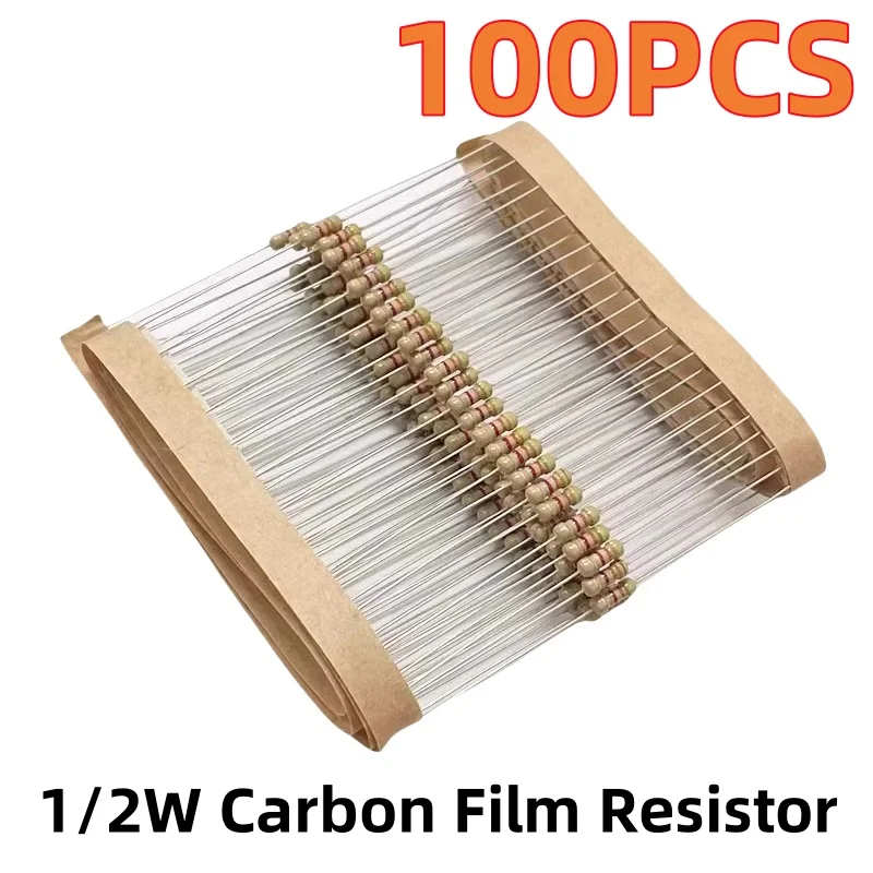 100PCS 1/2W carbon film resistor 5% 1R 2R 10R 100R 1K 2K 5.1K 10K 20K 47K 100K 1M ohm 220R