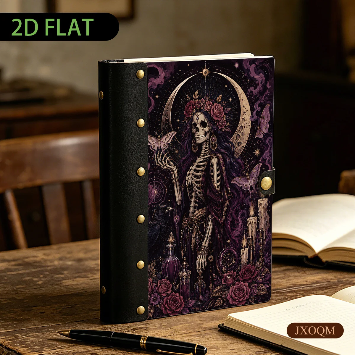 1PC Gothic Skeleton Witch Moon Rose Moth Raven Wooden Hardcover Notebook,6-Hole Metal Binder, Black Leather Spine, Metal Rivets