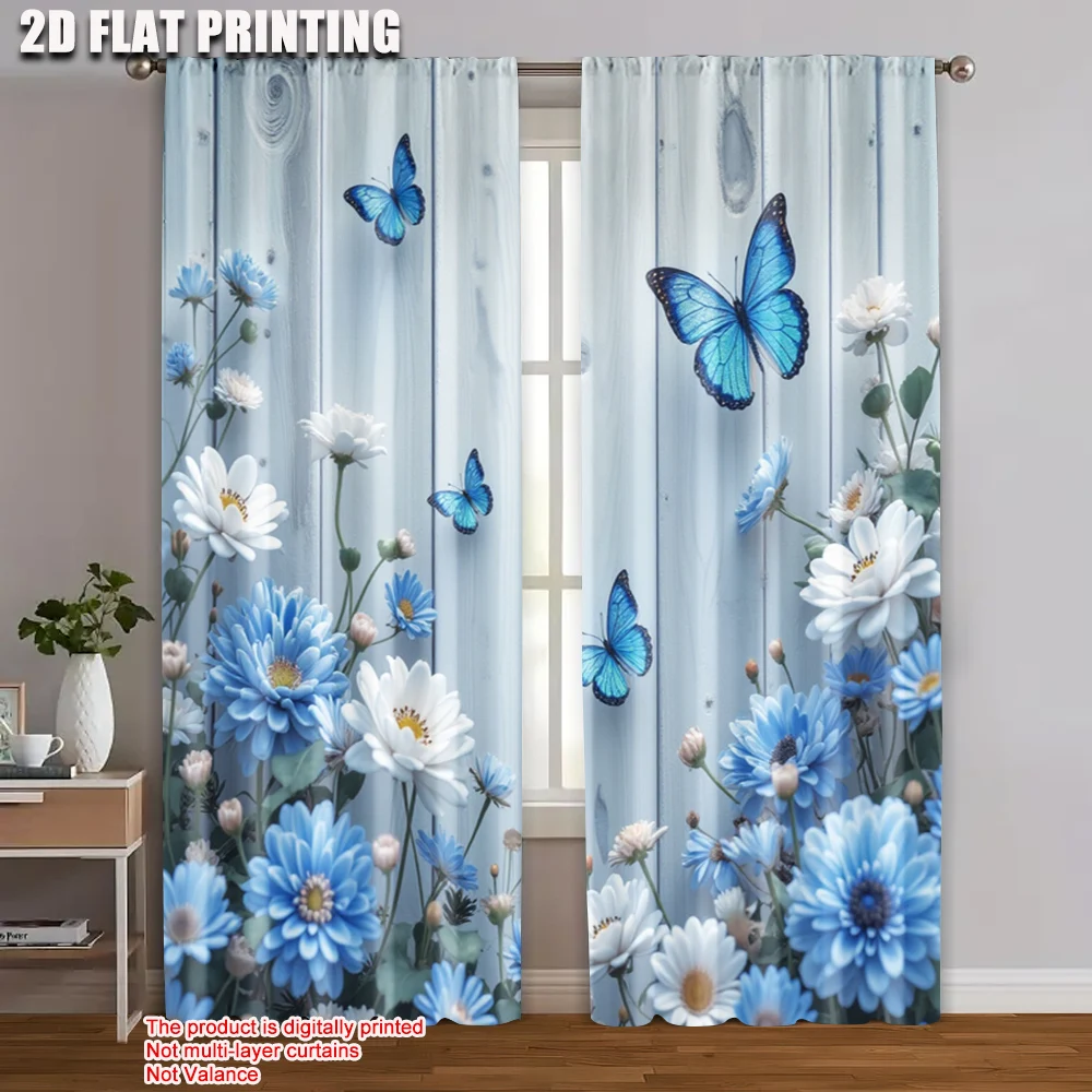2 Stück 2D-Flachdruck-Vorhänge, blaue Schmetterlinge, Blumen, Holz, vielseitiger Stoff ohne Strom, Familienparty für Goldwand
