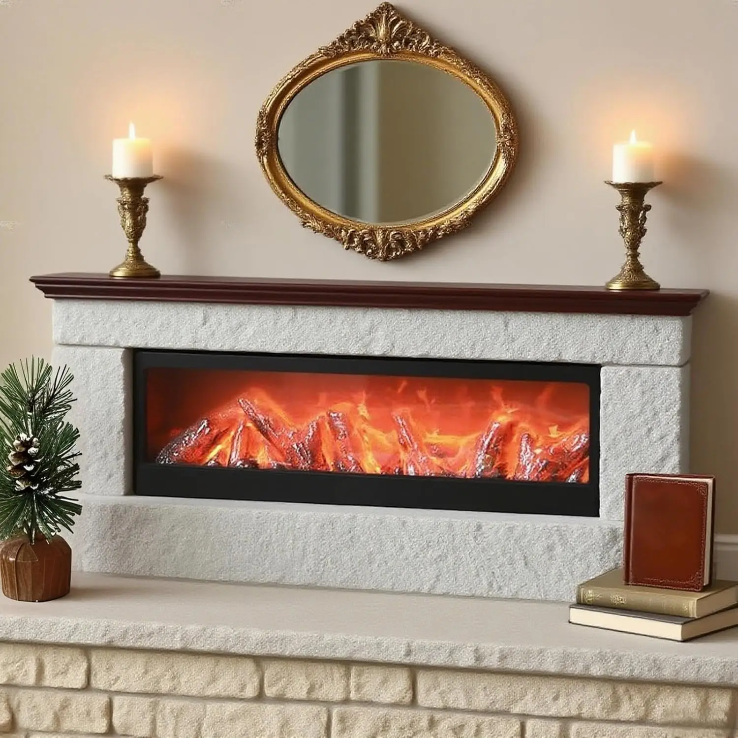 Black LED Fireplace 60x20x10cm Simulated Flame Effect Light Tabletop Decorative Fireplace Lamp for Home Bedroom Decor