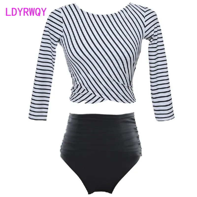 white striped waistless surfing suit, high waist, belly covering, slim long sleeve, sun protection, split swimsuit, bikini