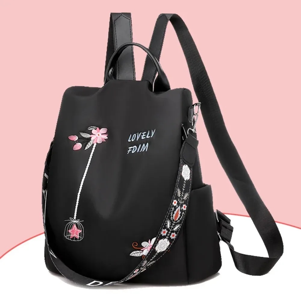 Waterproof Embroidery Backpack Large Capacity Zippered Student School Bag Anti-theft with Shoulder Strap Travel Knapsack