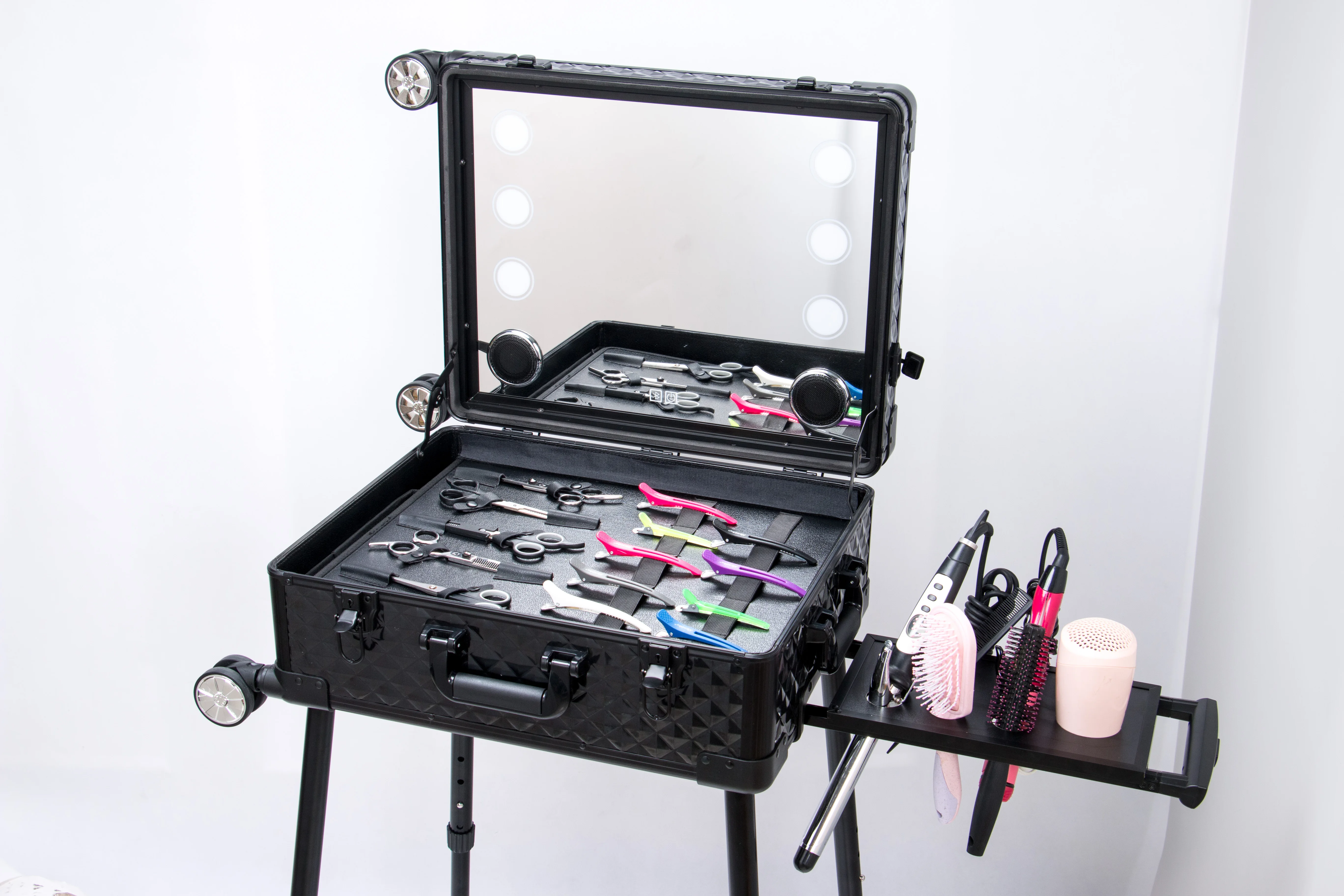 Hard Shell Suitcase Hair Salon Makeup Case Professional Makeup Hairdresser Trolley Case with LED Lighted Mirror