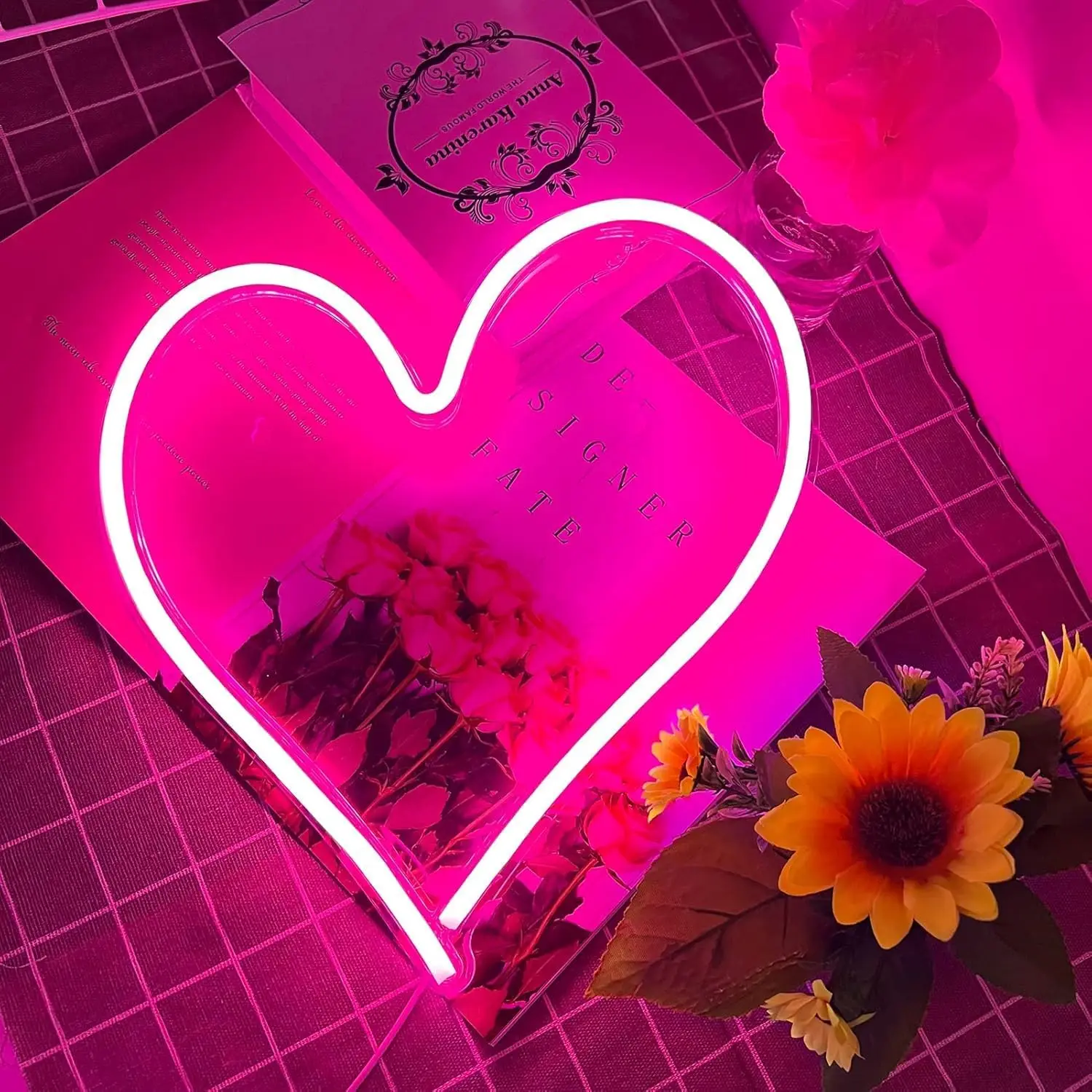หัวใจสีชมพูป้ายนีออน,Neon Heart Light สําหรับตกแต่ง, love Heart LED Light up Sign 13.4 × 13 นิ้ว USB Powered โรแมนติก