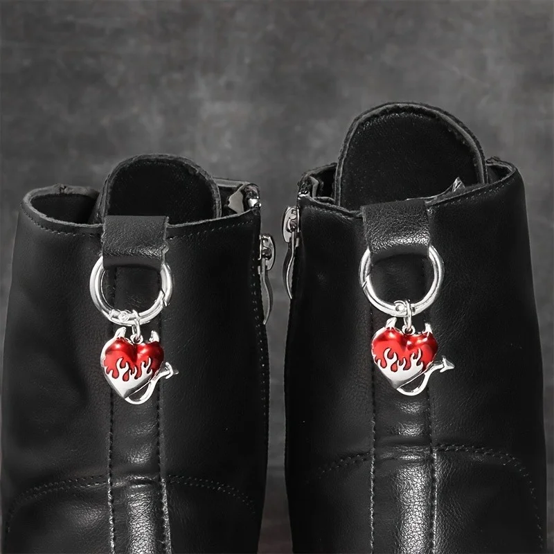 2Pcs Gothic Flame Devil Heart, O-ring metal red imitation enamel shoe pendant, detachable pendant, suitable for all kinds of boo