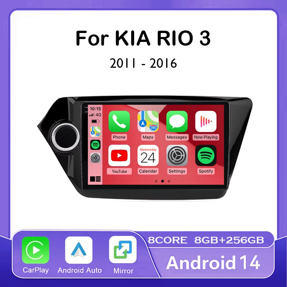 

9-дюймовый Android 14 Carplay Auto для Kia RIO 3 2011 2012 2013 2014 2015 2016 Мультимедийный автомобильный радиоплеер Видео WIFI + 4G DSP Стерео
