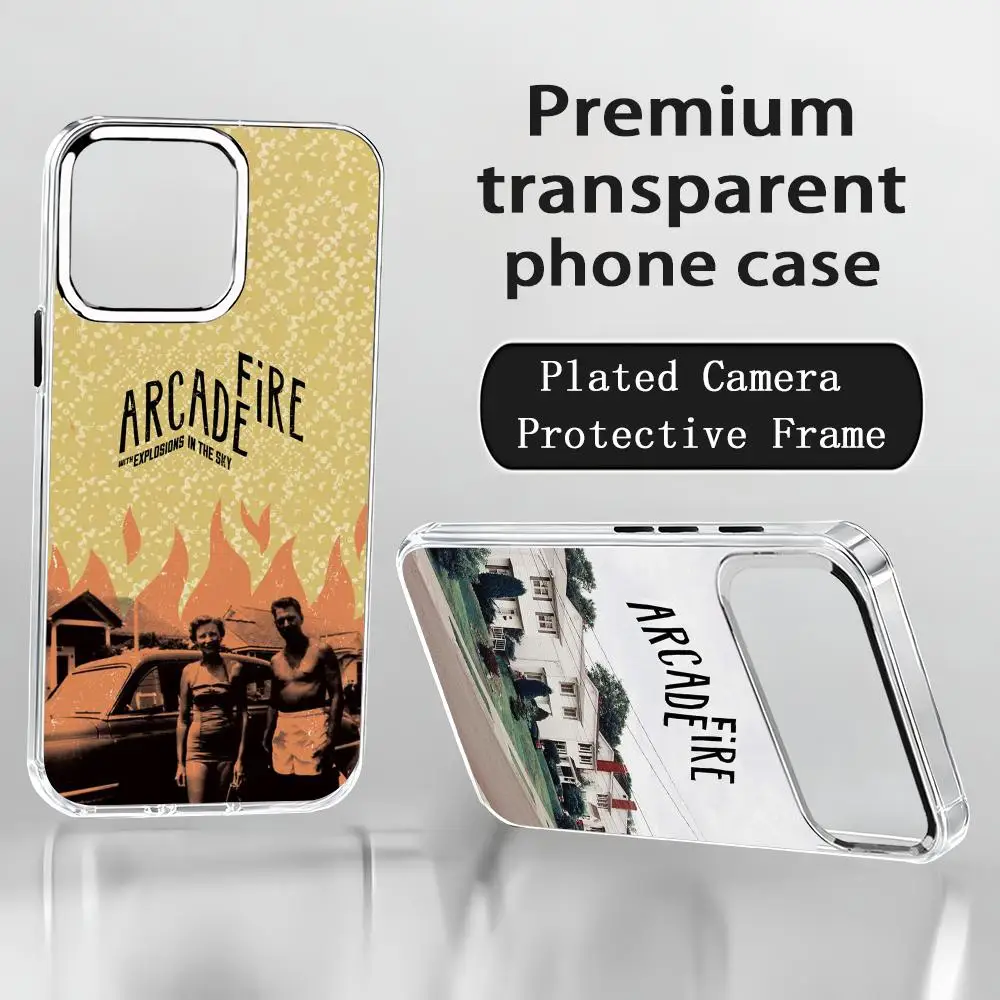 Arcade Fire Phone Case For iPhone 18 17 16 15 14 13 12 11 Pro Max Plus Chrome Button Camera Ring Transparent