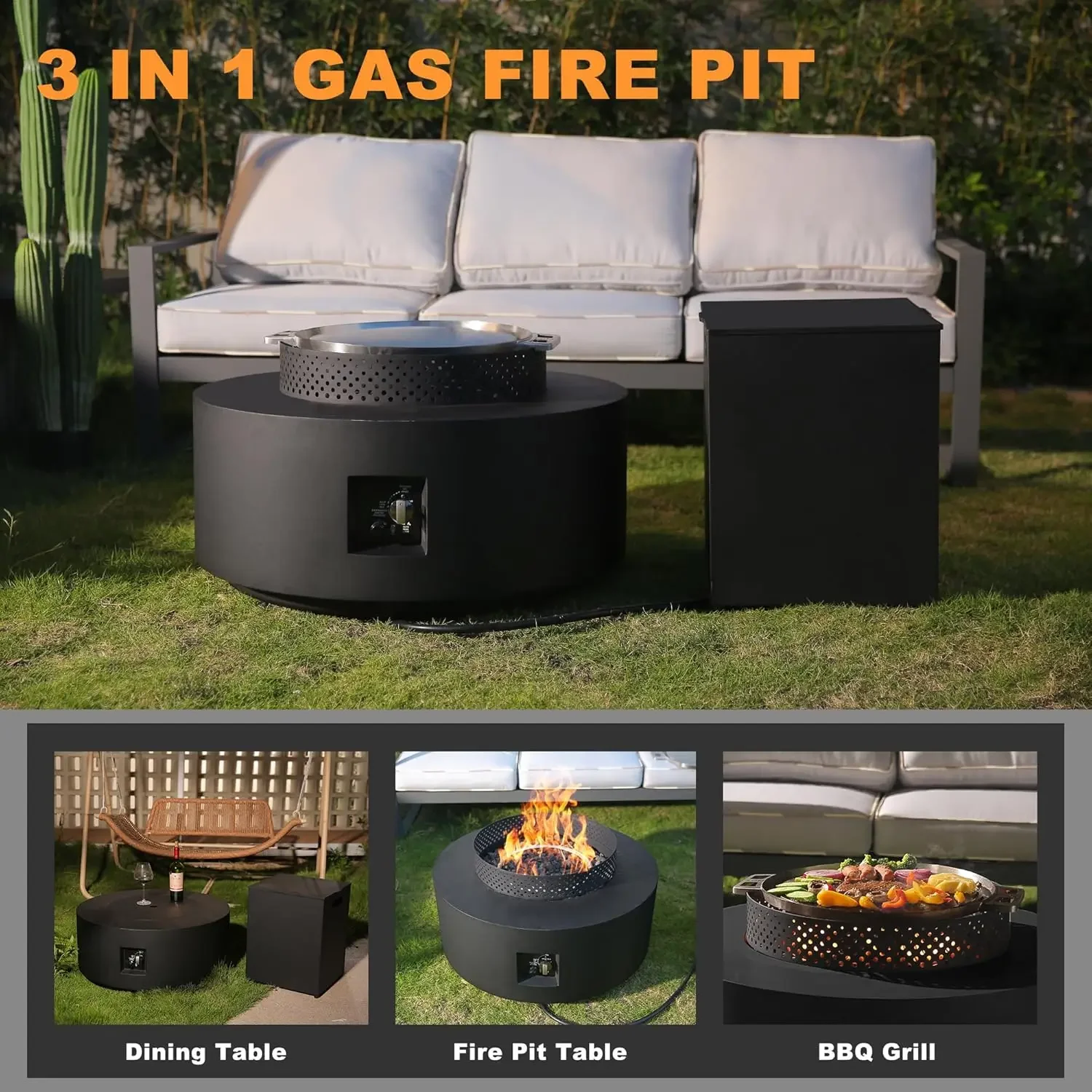 2- Outdoor Fire Pit Table, 32 Inch 3 in 1 Propane Fire Table 65,000 BTU Black Round Gas, Baking Sheet, Wind Guard and 16 inches