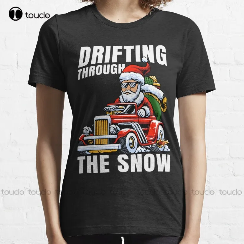 Funny Car Driving Santa Drifting Through The Snow  Classic T-Shirt White Tees For Men Custom Aldult Teen Unisex Xs-5Xl Cotton