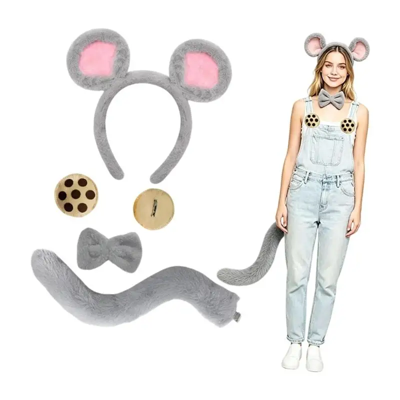 39BD Mouse Costume Accessory Set with Plush Ears Tail and Neck Tie for Parties