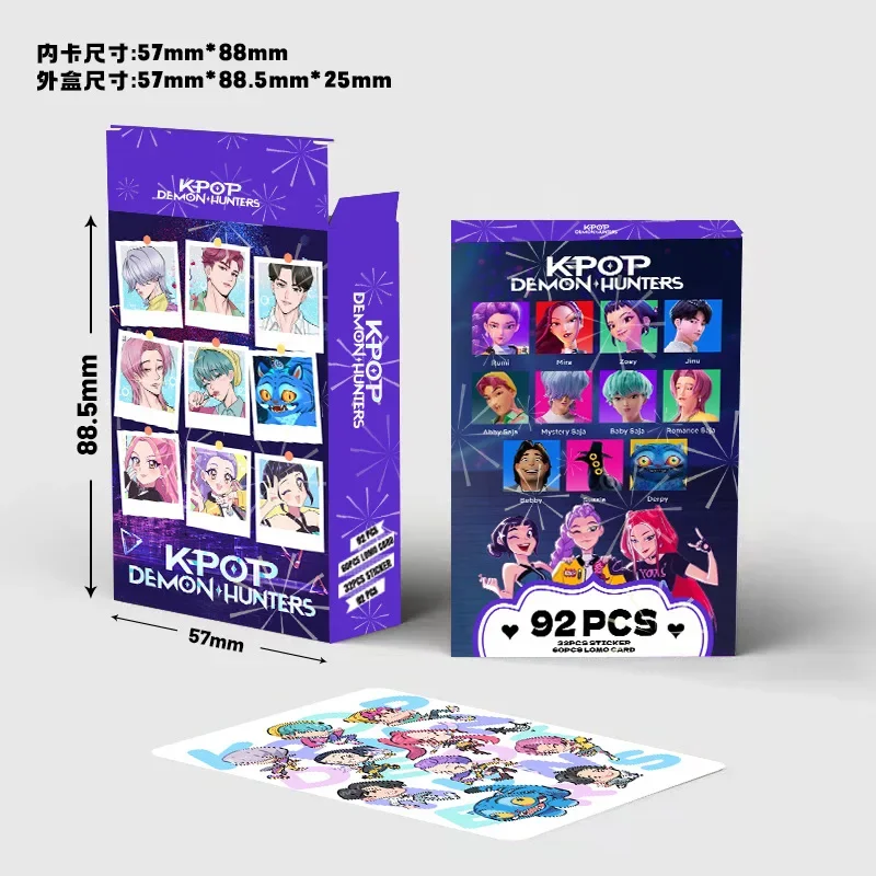 92 قطعة من بطاقات LOMO المجسمة مزدوجة الجوانب K-POP Demon - بطاقات صور PVC قابلة للجمع من الرسوم المتحركة HUNTR/X، هدية مروحة ليزر قوس قزح