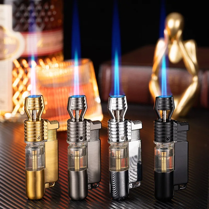 Metal Mini Butane Gas Lighter Visible Gas Window Jet Blue Flame Spray Gun Outdoor BBQ Kitchen Cigar Smoking Accessories Gadgets