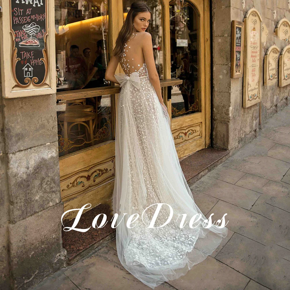 Vestido de novia transparente con cuello en V, traje de novia sin mangas, Apliques de encaje, lazo, ilusión Bohemia, Espalda descubierta, línea A, tren