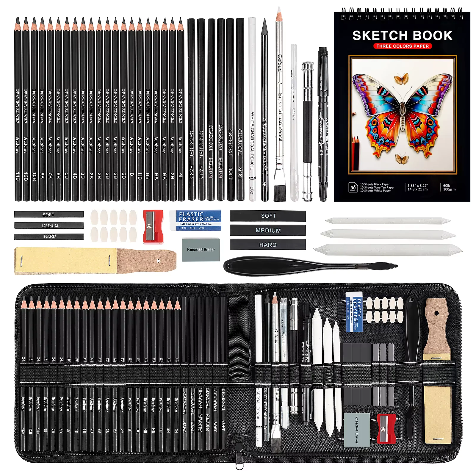 14-58 Pack Drawing Sketching Set,Pro Art Sketch Supplies with 3-Color Sketchbook,Graphite,Charcoal Pencil,Ideal for Shading