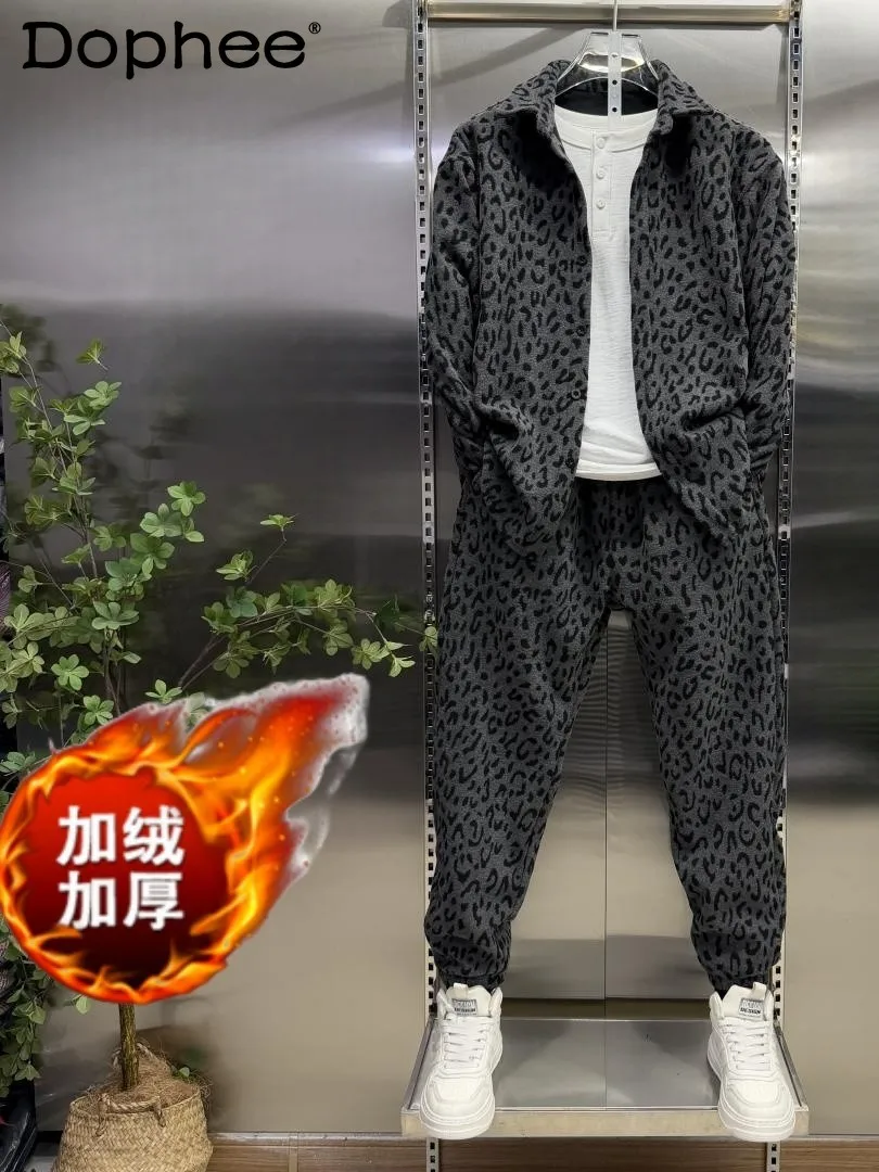 

Autumn Winter Fleece-Lined Casual Men's Two-Piece Set Fashion Leopard Print Loose Casual Shirt Jacket Trendy Outfit