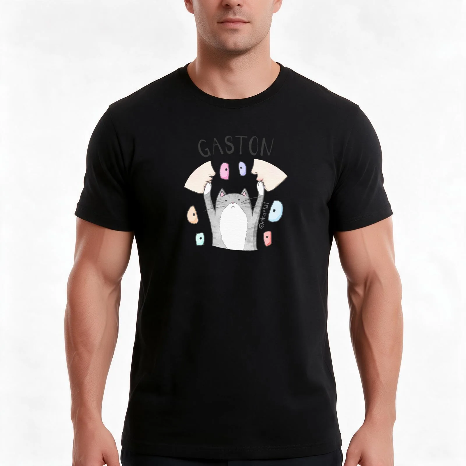 Climbing Cat Gaston T-Shirt, Summer Casual Cotton Tee, Oversized Streetwear Tops, Vintage Graphic Print, Loose Fit Short Sleeve