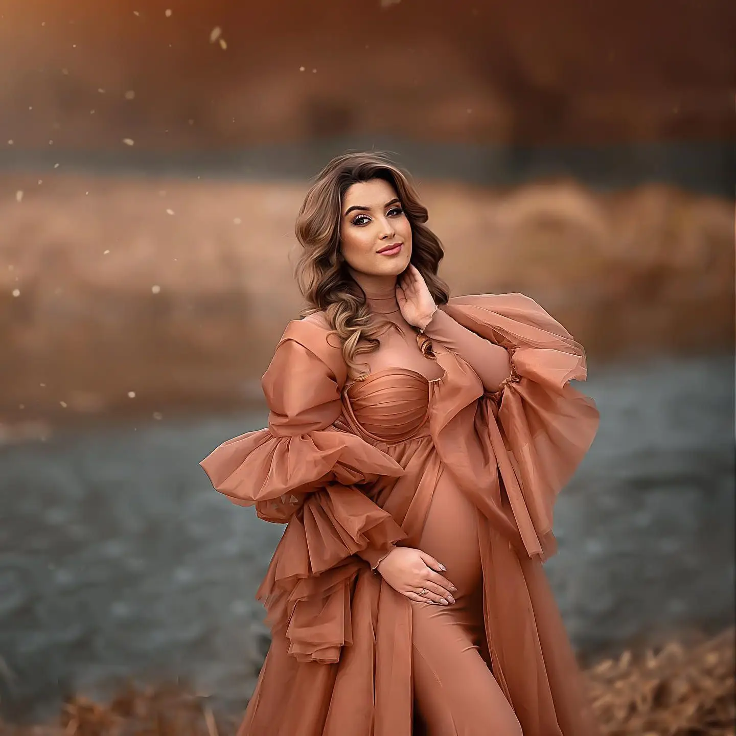 Auburn Maternity Dresses for Photo Shoot Elegant Prom Dress Tan Pregnancy Photoshoot Gown Long Sleeve Babyshower Dress For Women