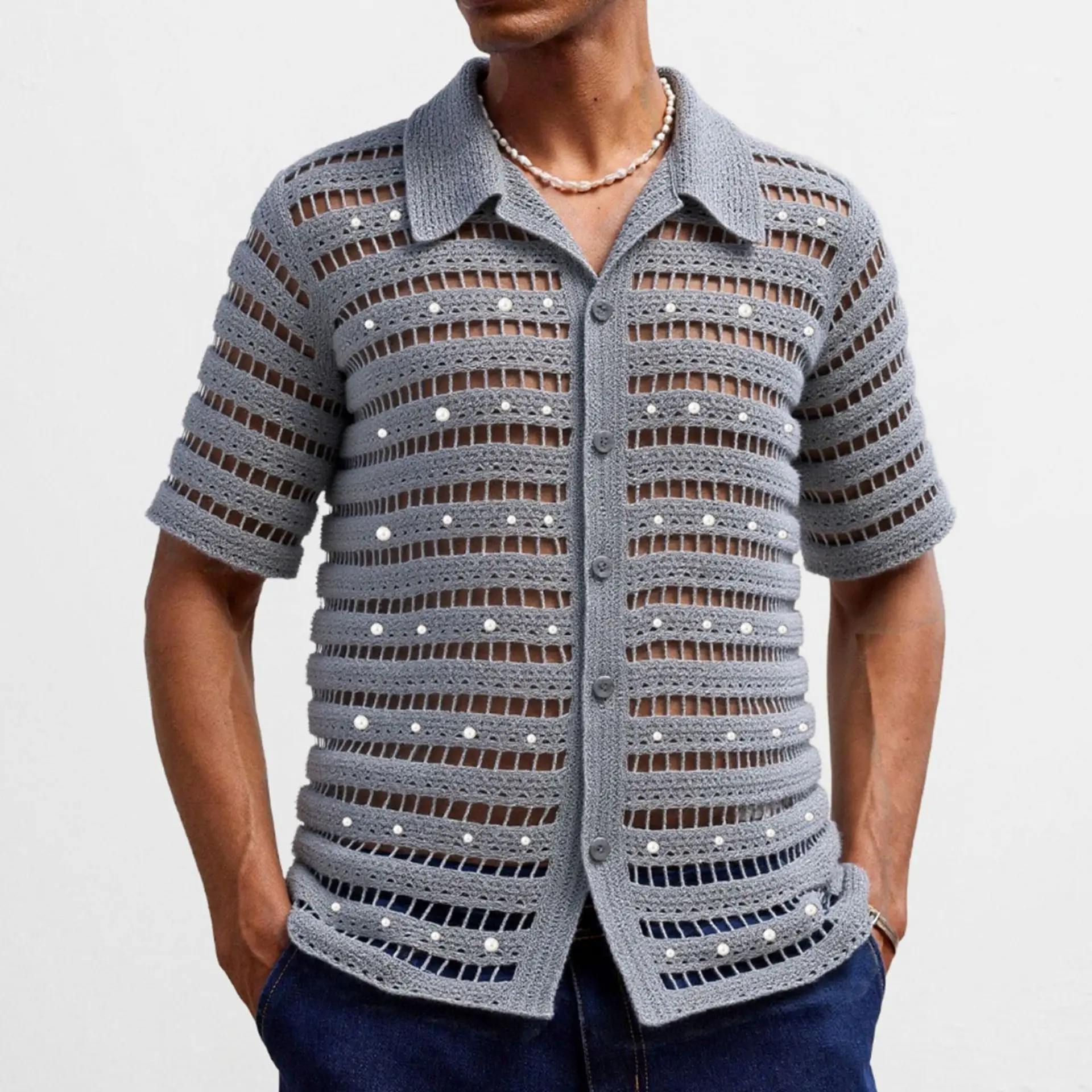 

Men's French beaded design hollow knit sweater men's imitation hand-crocheted cardigan casual polo shirt