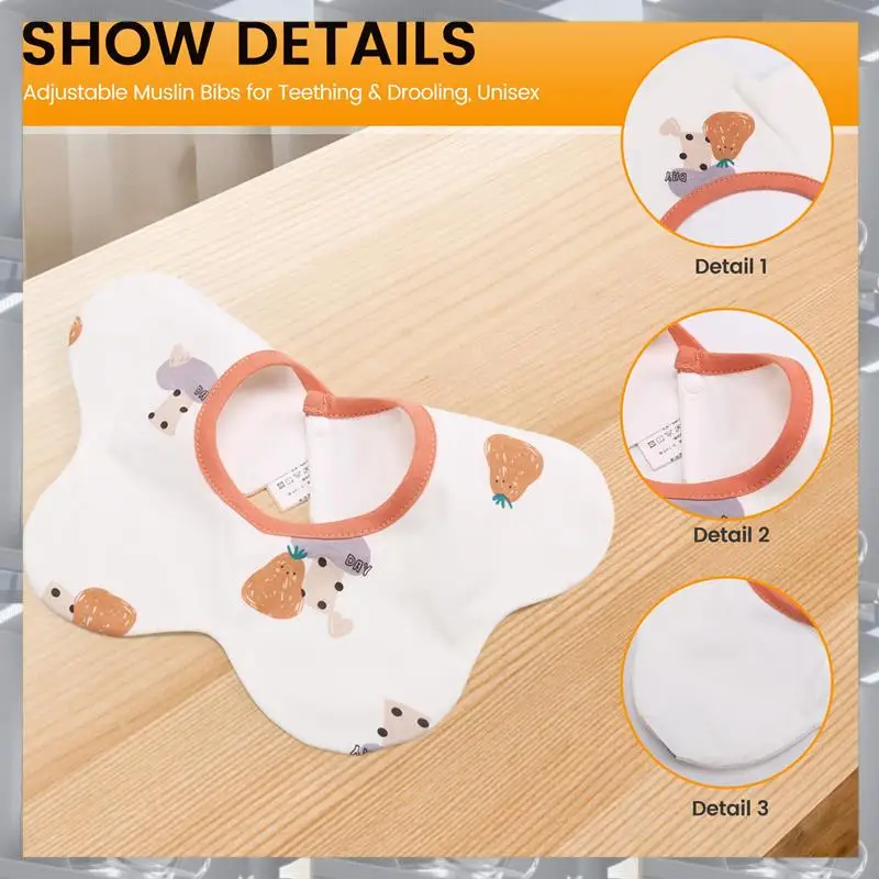 A84F-360 °   Rotare il set da 3 bavaglini in cotone organico, bavaglini in mussola regolabili per la dentizione e la sbavatura, unisex