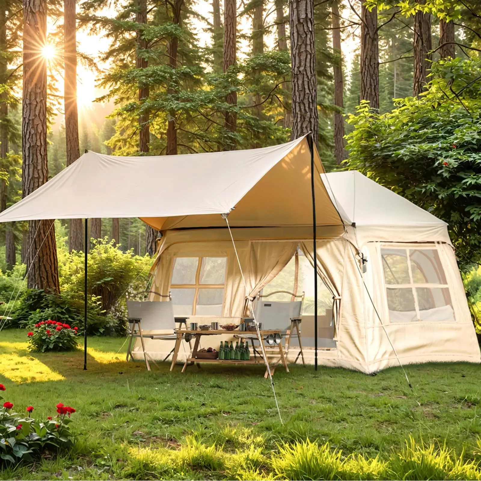 

3-4 Person Inflatable Tents for Camping with Dual-Side Weatherproof Canopy with Hand Pump, Glamping Tent, Easy Setup, Waterproof