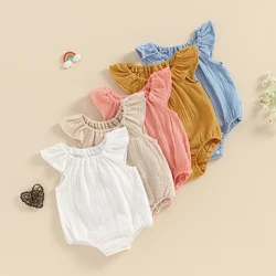 Summer Baby Clothing Girl Boy Rompers Solid Ruffle Sleeve Smocked Bubble Romper Unisex Infants Cotton Linen Jumpsuit