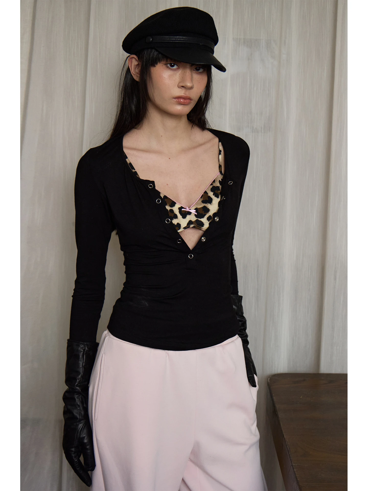 

Se Jiong Original Design Fake Two-Piece Long Sve Bla Khaki Leopard Print Patchwork Pink Lace Henry Collar T-irt Women'...