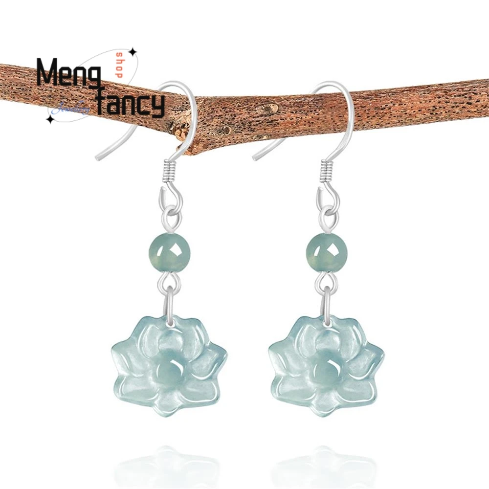 

High-grade Natural A-grade Jadeite Blue Water lotus Earrings S925 Silver Inlaid Ice Type Jade Exquisite Elegant Fashion Jewelry
