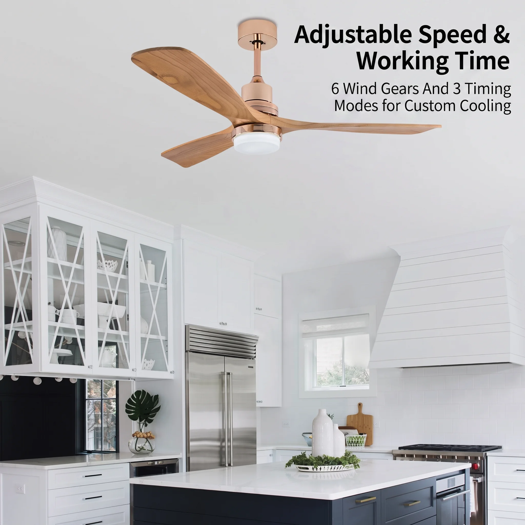 Wood Gold Ceiling Fan with LED Light Remote Control 6 Speed 1/2/4H Timer 3 Color Temp 3 Blades Reversible Quiet Copper Motor Ceiling Fan Light view 3