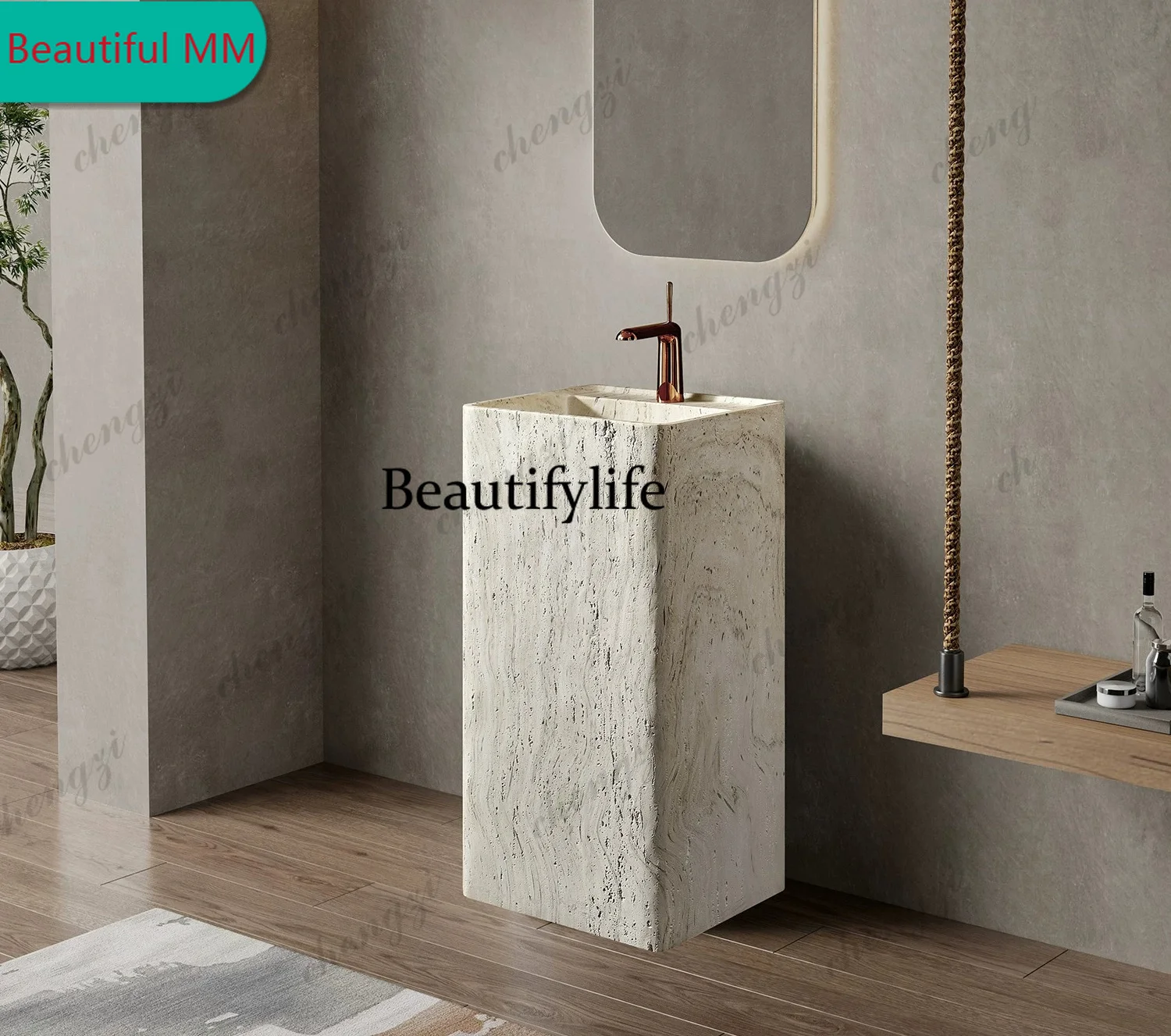 

P182 P182 Vintage Style Bathroom Cabinet and Washbasin Designer White Cave Stone Column Basin Integrated Floor-standing Style