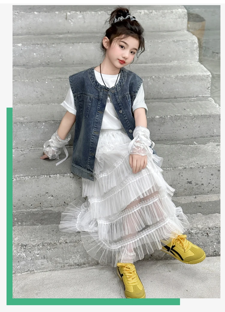 Elegante Kinder-Freizeit-Jeansweste mit Rundhalsausschnitt für Teenager-Mädchen im Alter von 5 6 7 8 9 10 11 12 13 14 Jahren, ärmellose Jacke, Weste. – Detail 6