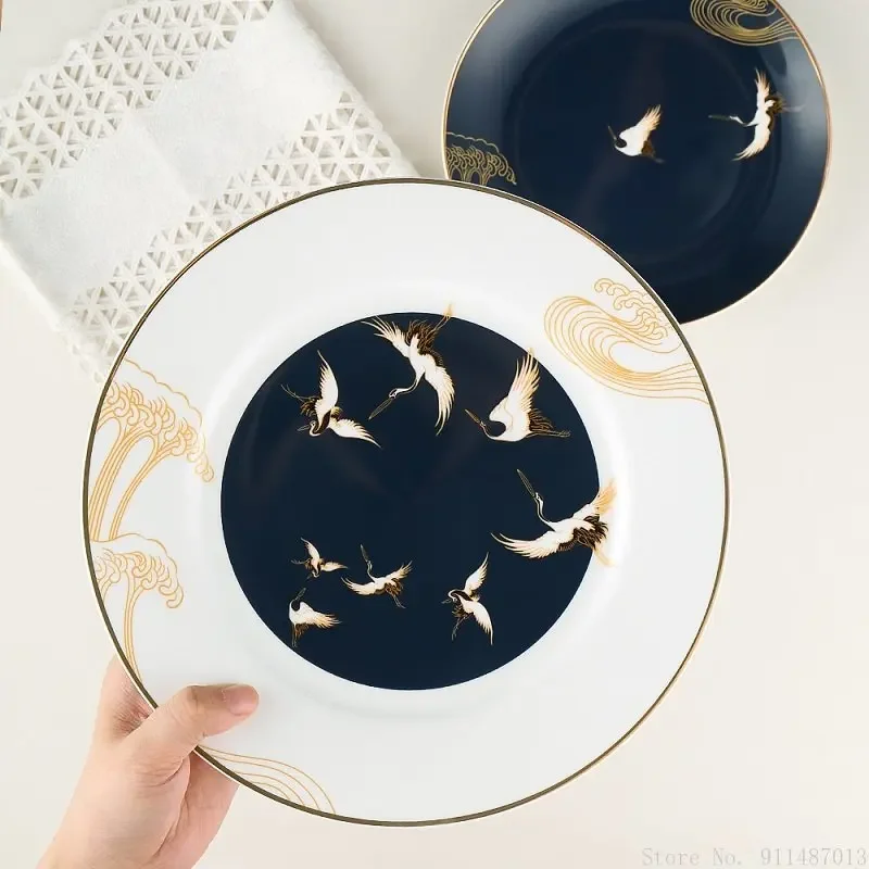 Chinese Ceramic Plates, Household Restaurant Supplies, Creative Bone China Tableware, Crane Pattern Western Dinner Plate 1Pc