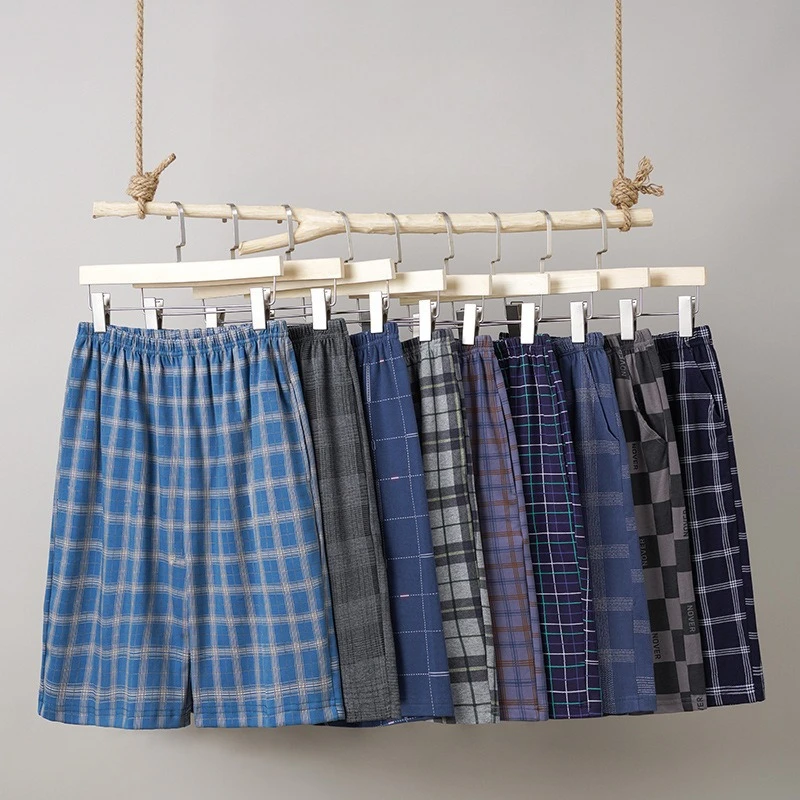 

Men Plus Size Combed Cotton Pajama Pants Summer Teen Student Sweatpants Plaid Home Shorts Elasticated Waist Straight Leg Pants
